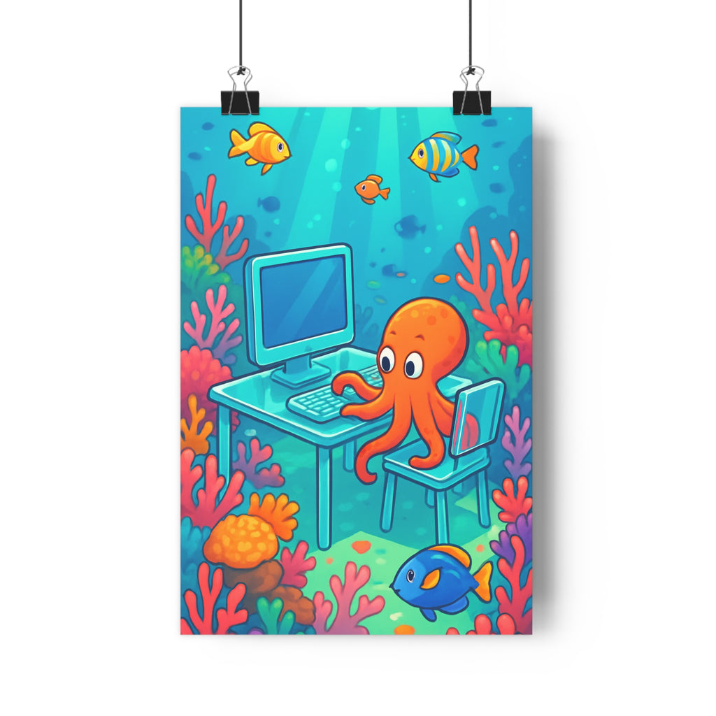 Poster décoratif cartoon aquatique joyeux pieuvre vibrant coloré enfant bureau corail ambiance qualité 30x46