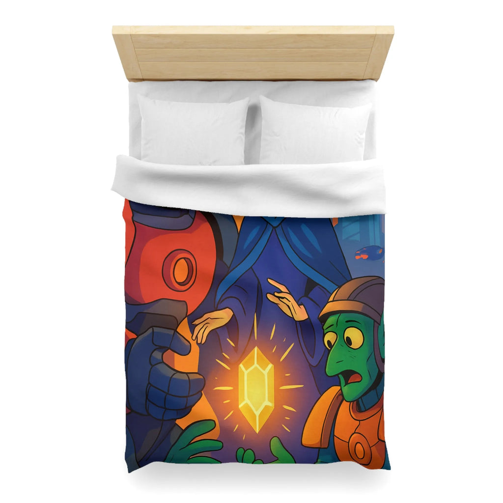Housse de couette colorée avec illustration futuriste d'artefact mystérieux et personnages intrigants