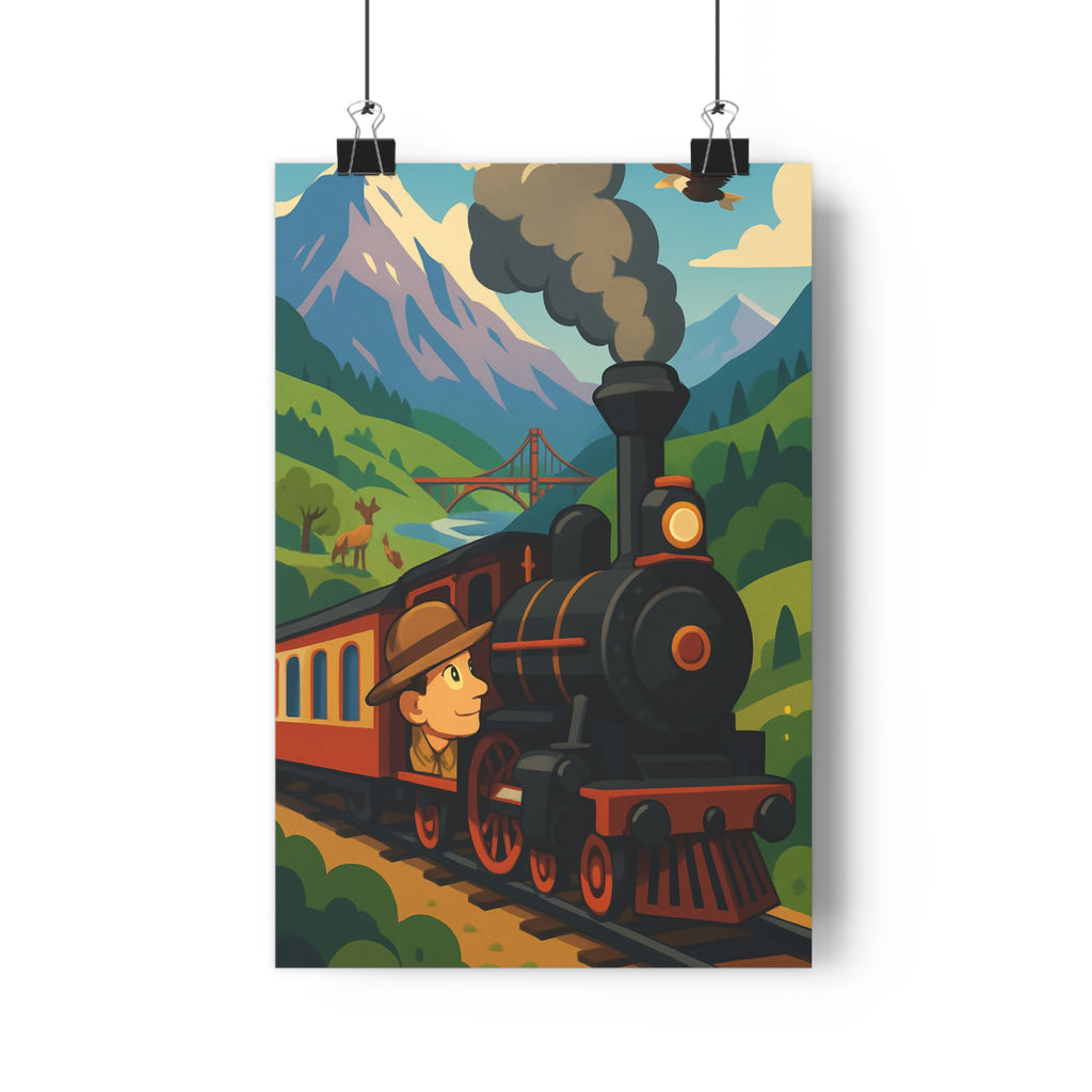 Poster décoratif rouge noir aventure montagne vapeur vintage chambre enfant joyeux vibrant dynamique coloré