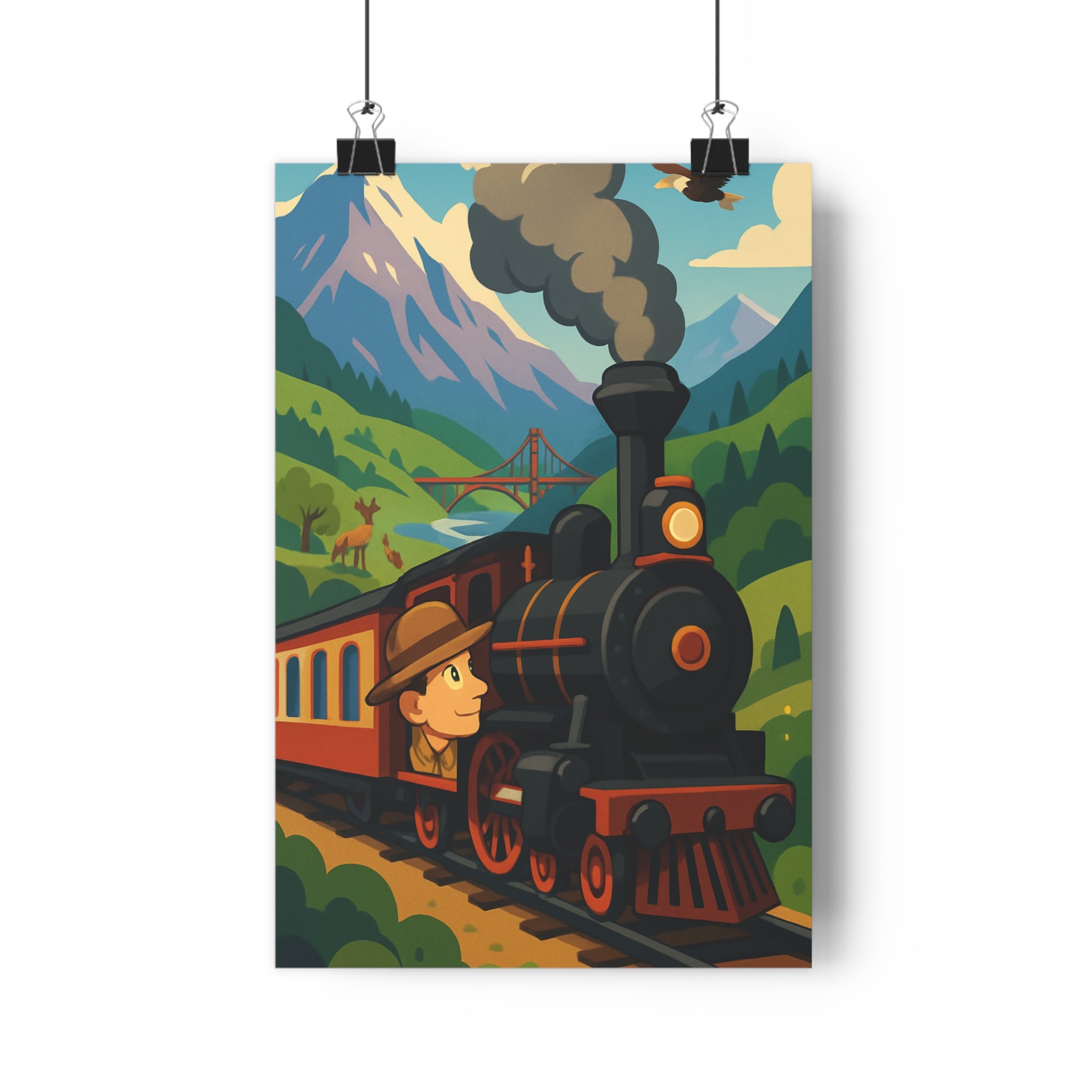Poster décoratif rouge noir aventure montagne vapeur vintage chambre enfant joyeux vibrant dynamique coloré