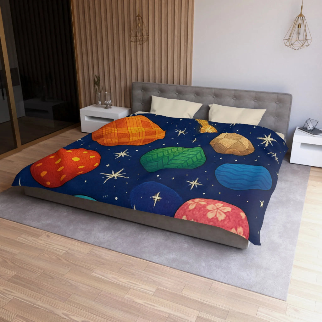 Housse de couette colorée avec planètes texturées, étoiles brillantes et nébuleuse mystique