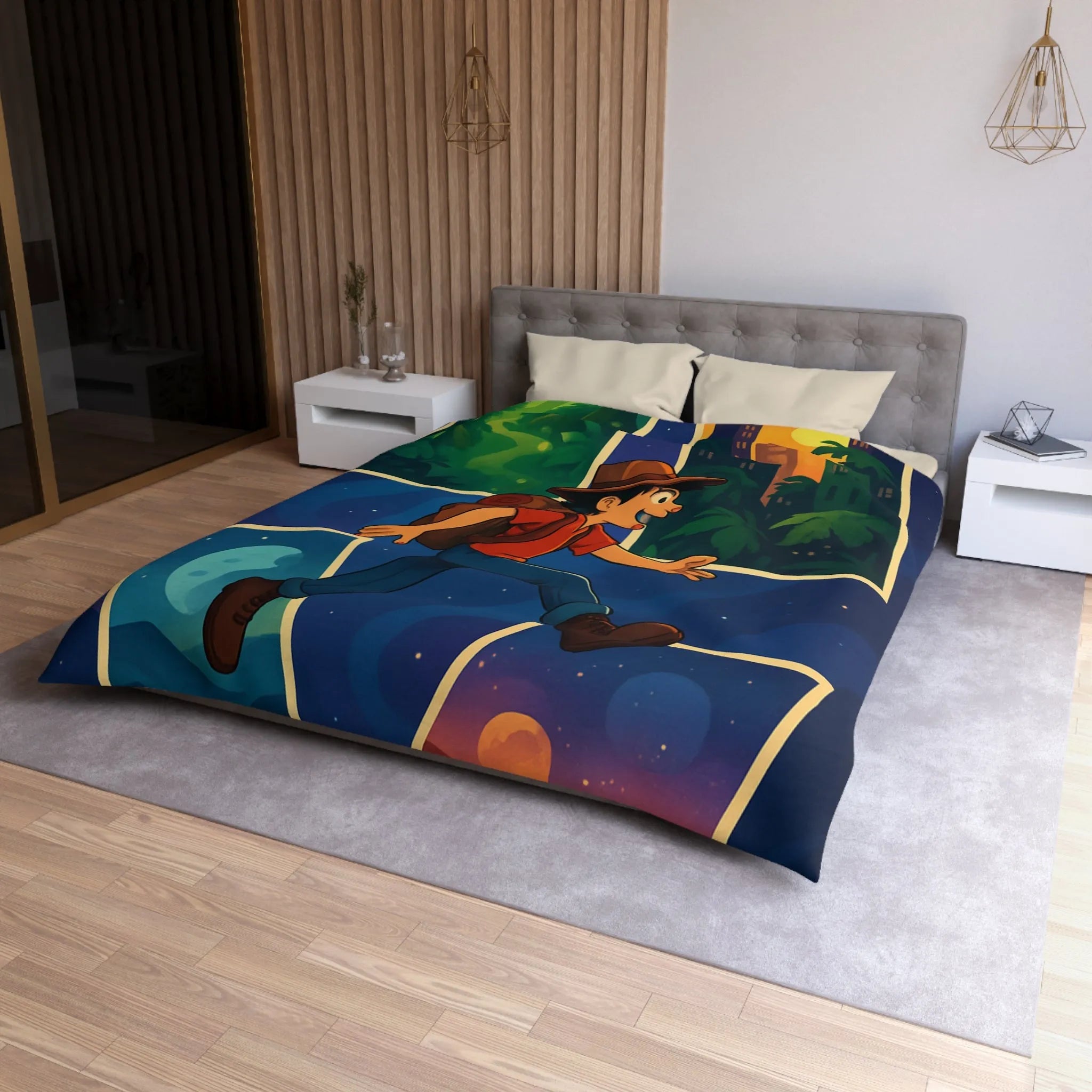 Housse de couette colorée avec illustrations d'aventure forêt, ville, désert, espace