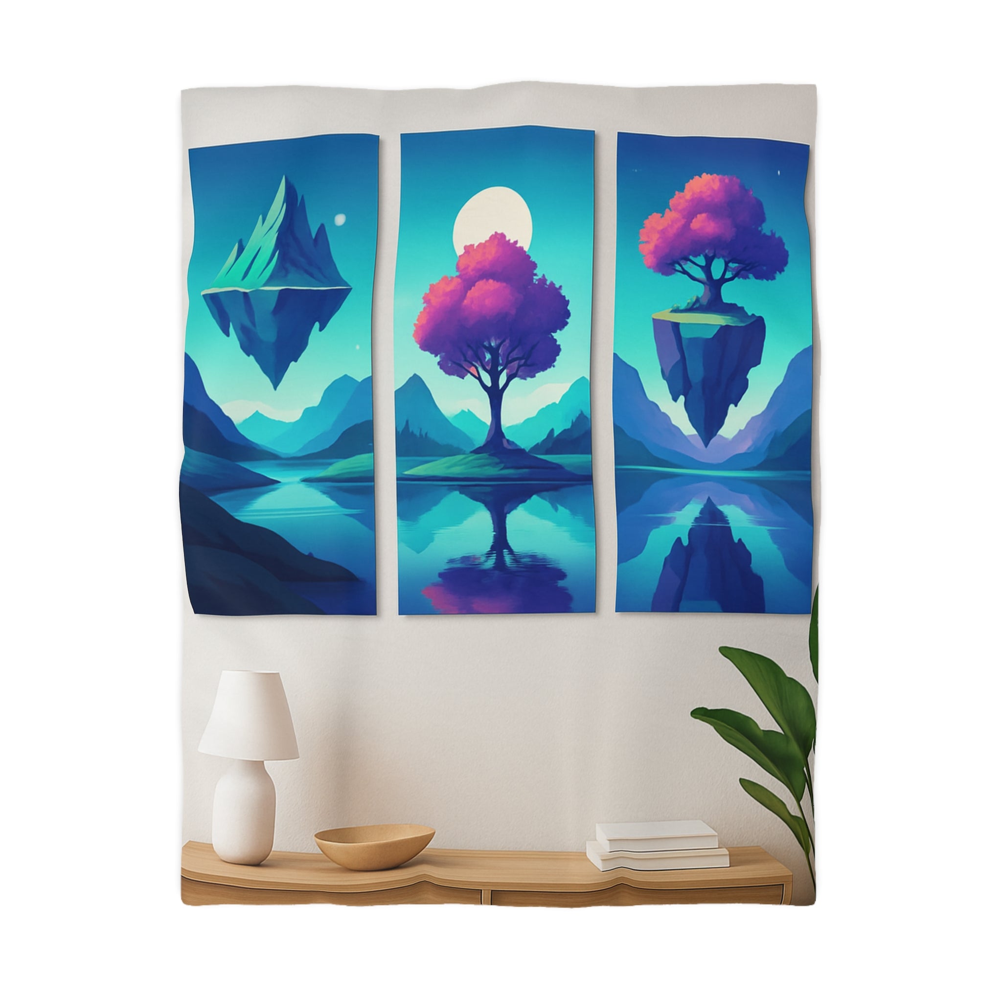 Housse de couette paysage flottant magique avec montagnes surréalistes et arbres colorés