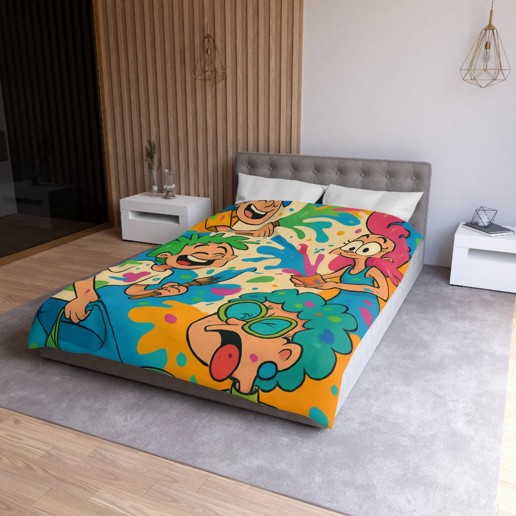 Housse de couette colorée pour enfants avec personnages joyeux et éclaboussures de peinture