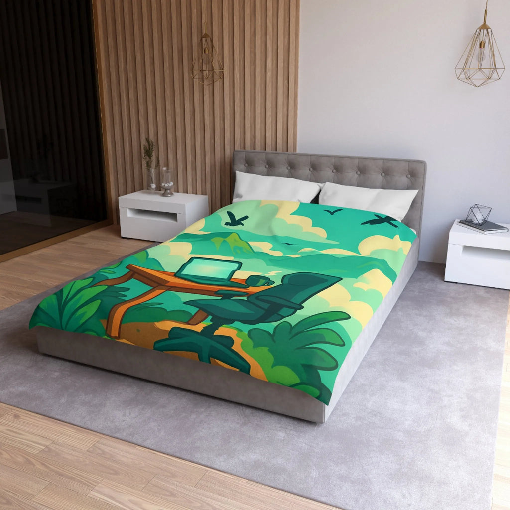 Housse de couette avec paysage de montagne, nature verdoyante, bureau et ciel serein