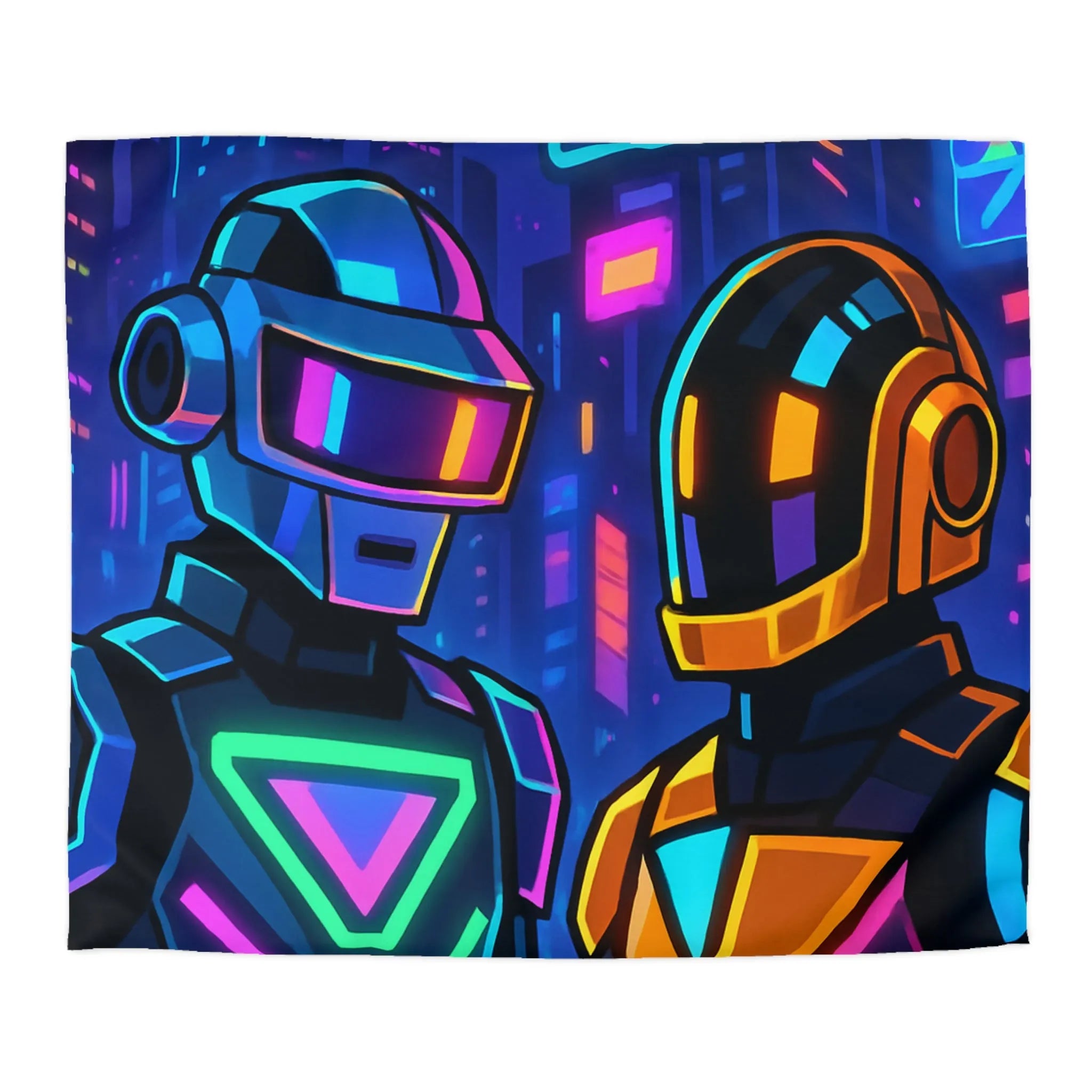 Housse de couette cyber thématique avec robots néons dans une ville futuriste colorée