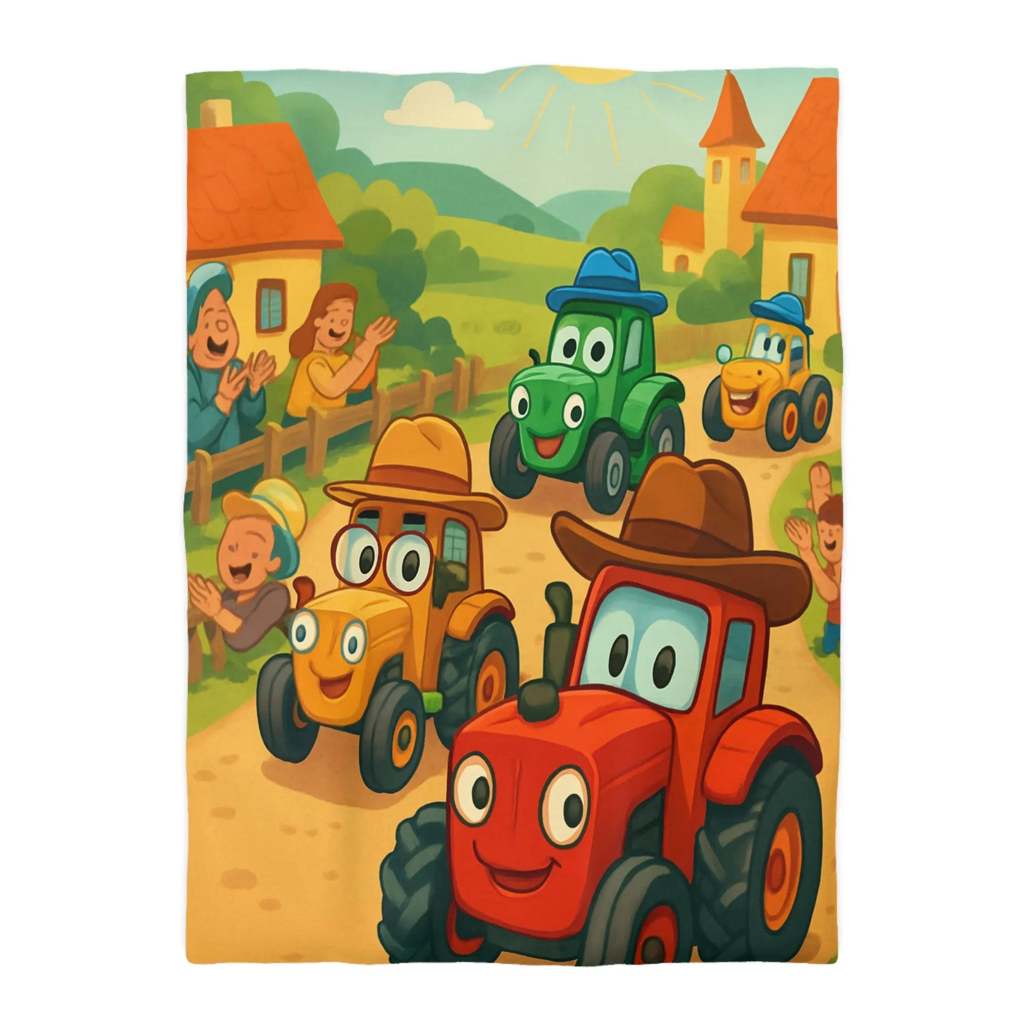 Housse de Couette Enfants Motif Tracteurs Souriants Champs Paysans Ensoleillés et Amusants