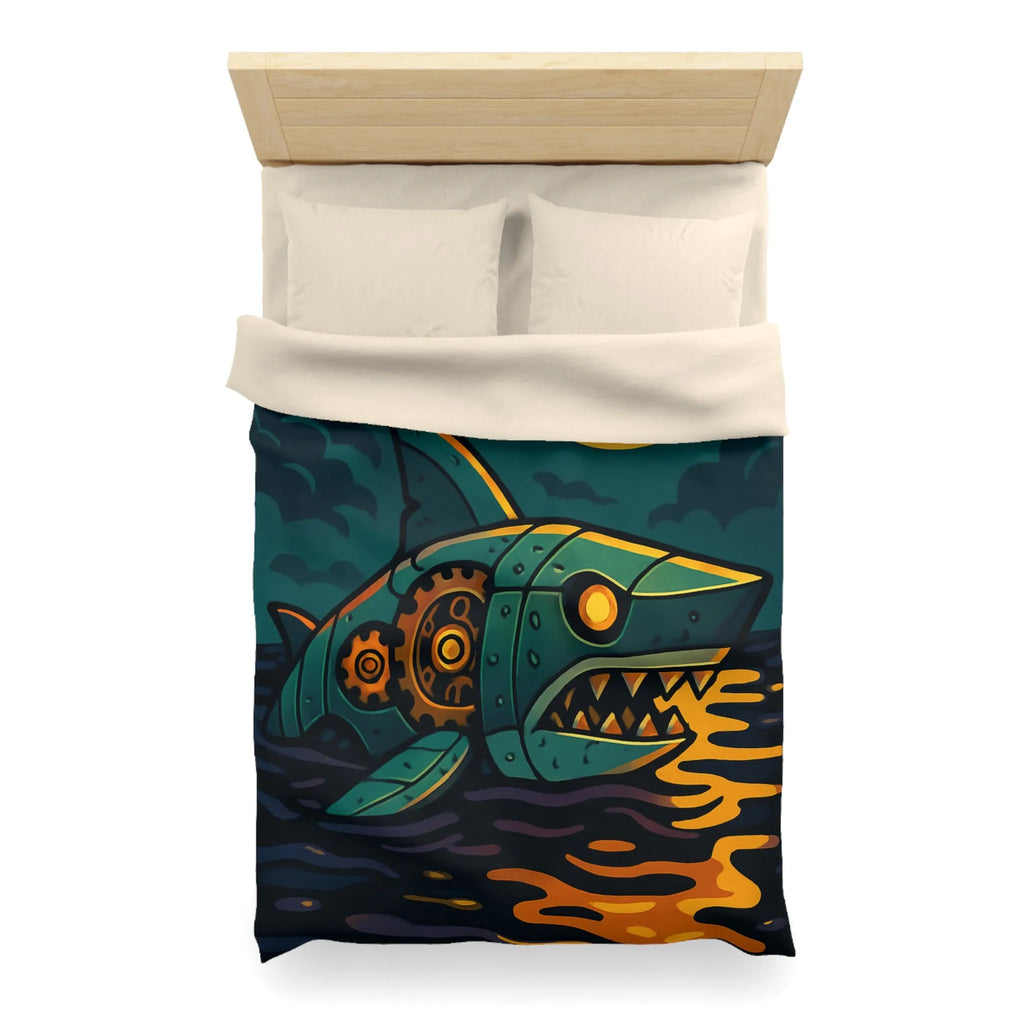 Housse de couette colorée avec requin mécanique sous lune dorée et oiseaux stylisés
