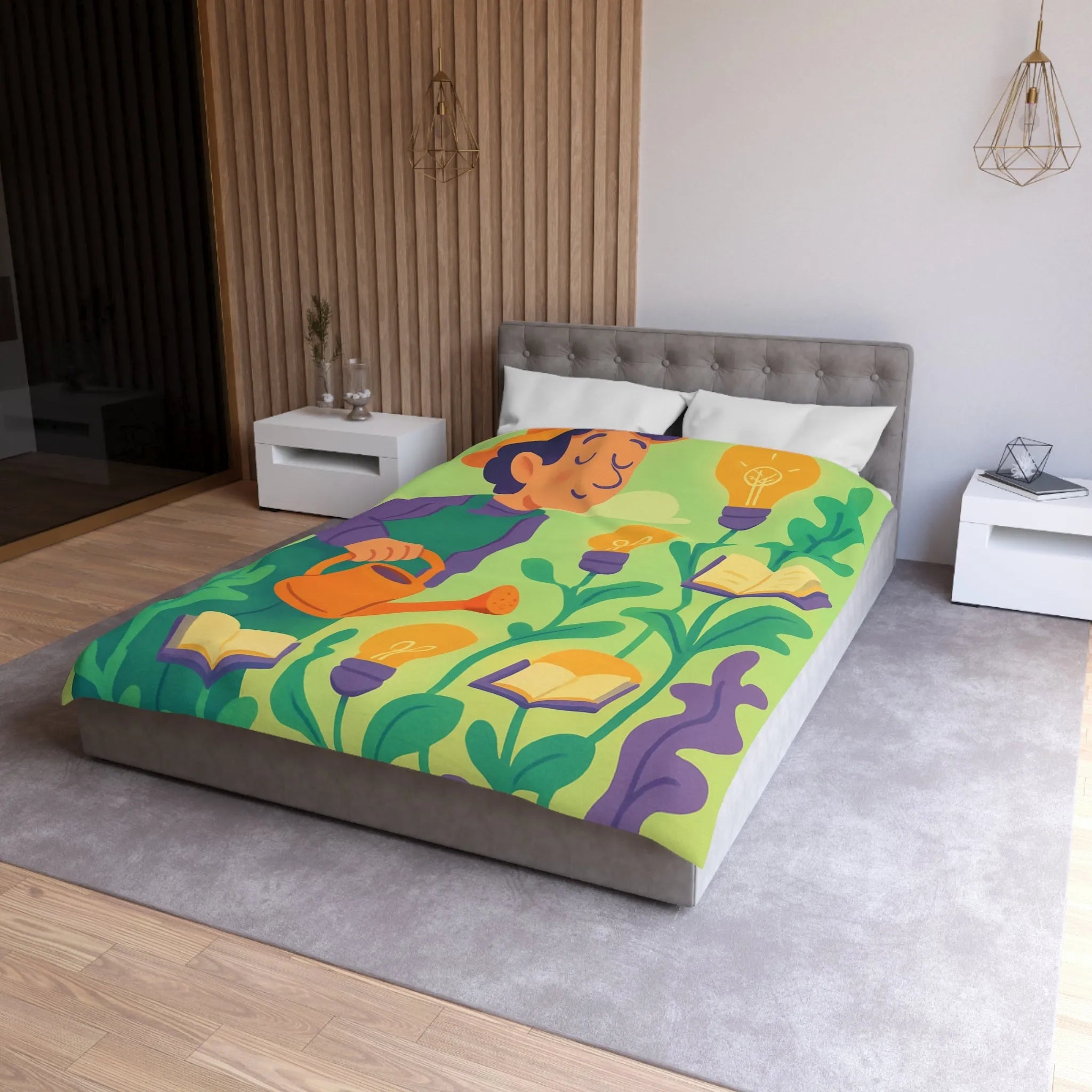 Housse de couette colorée avec jardinier arrosant plantes livres et ampoules