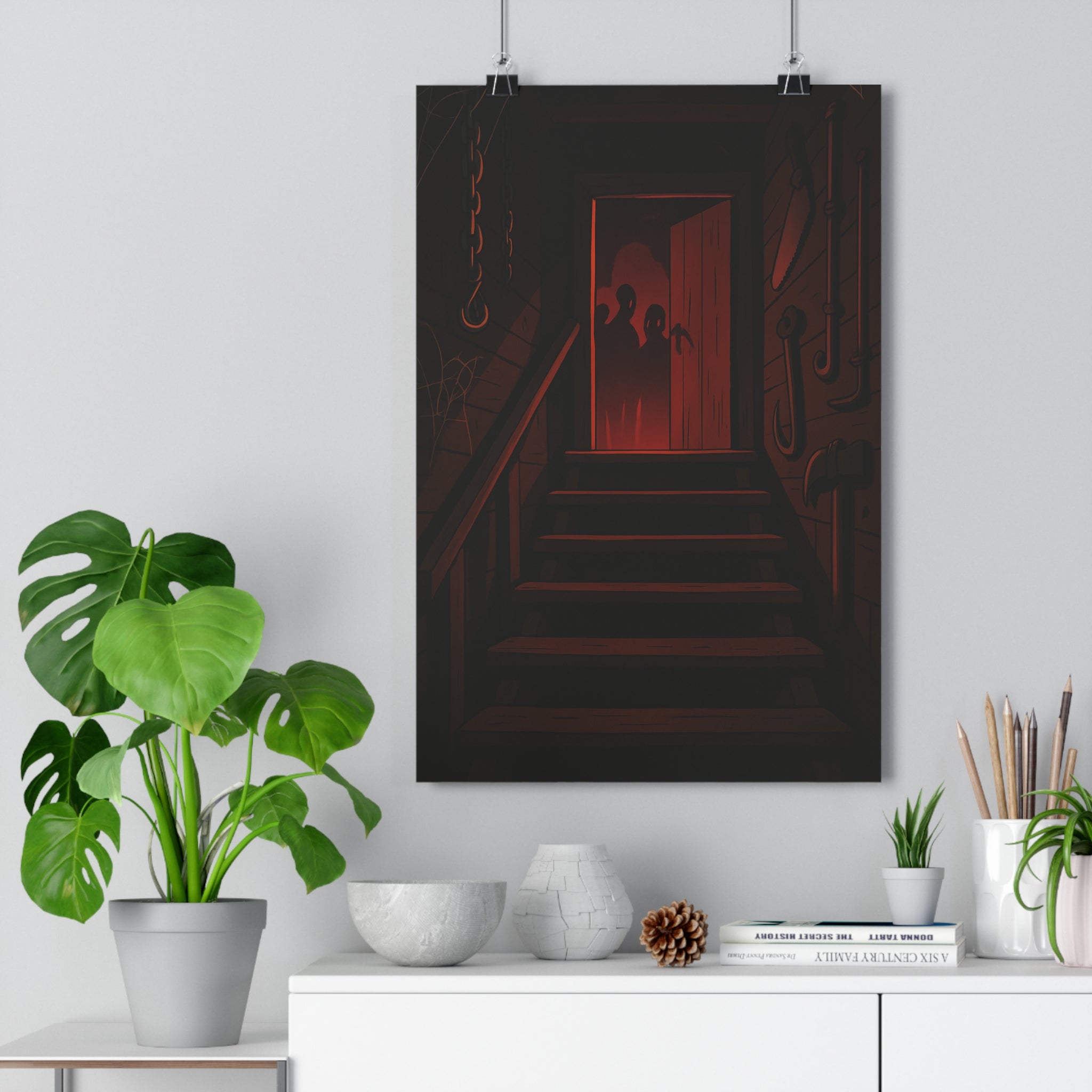 Poster décoratif cartoon suspense rouge noir chambre salon intrigue mystère design unique bois escalier
