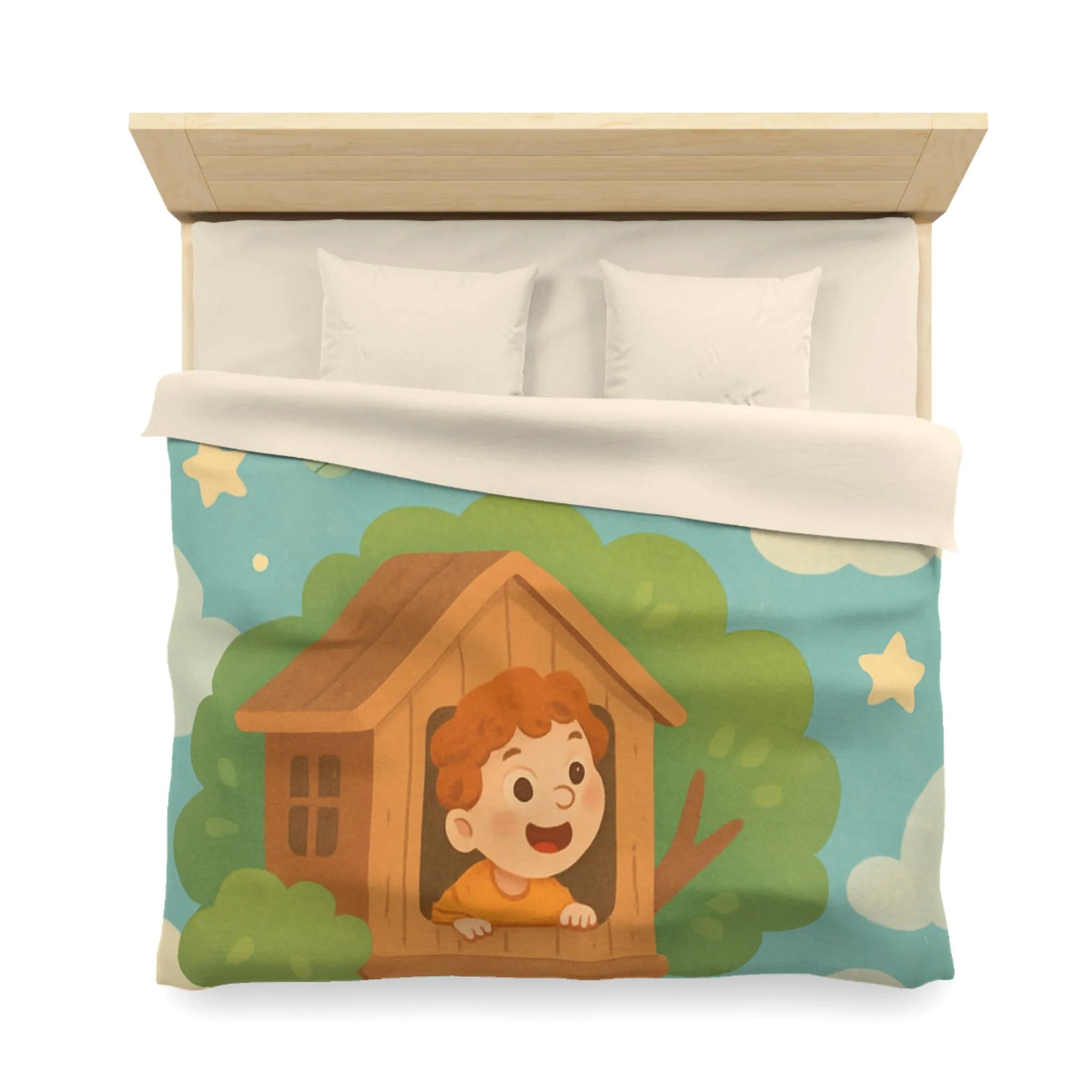 Housse de Couette Enfant Colorée avec Dragon, Maisonnette Arbre et Étoiles Féeriques