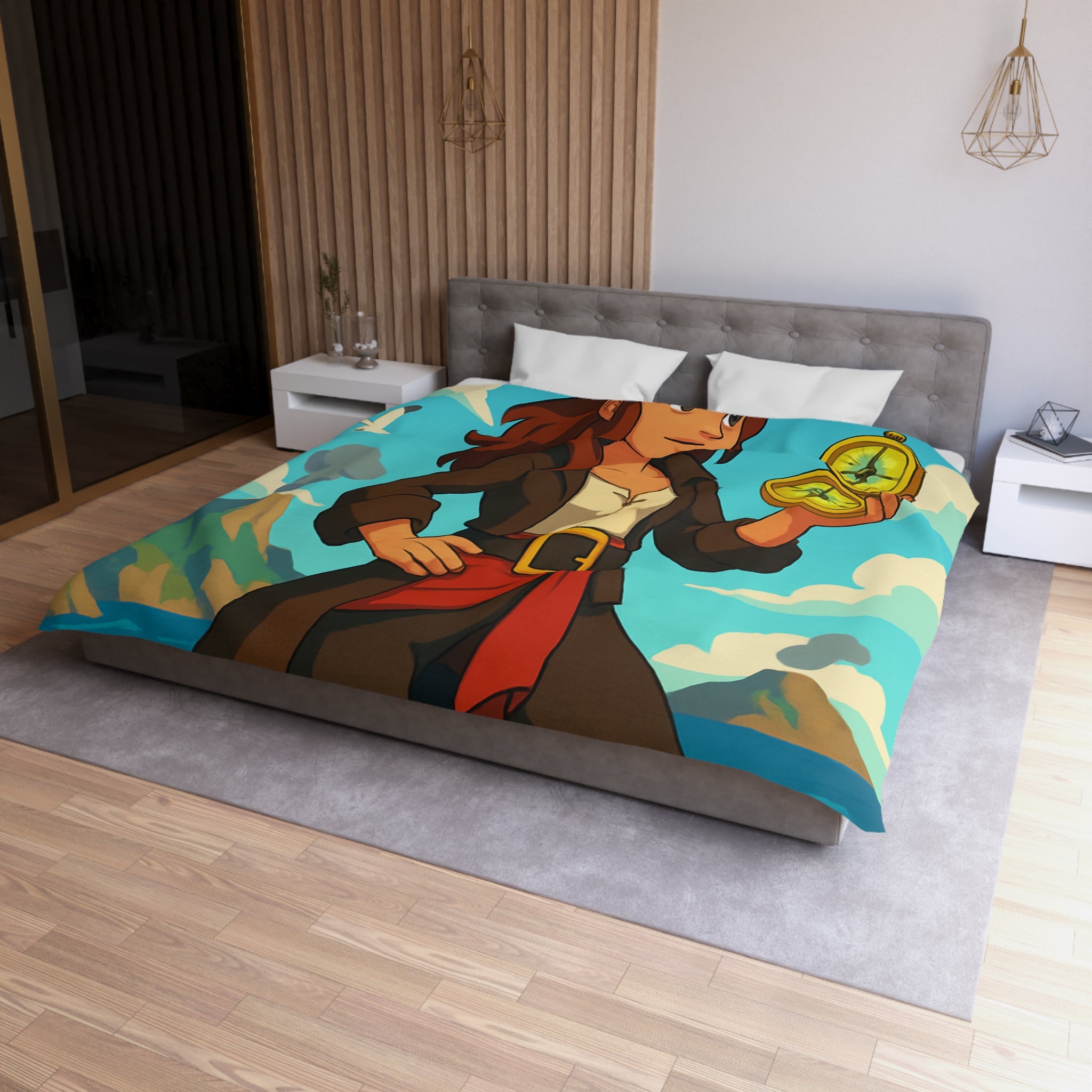 Housse de couette piraterie avec paysage maritime et aventurière avec boussole