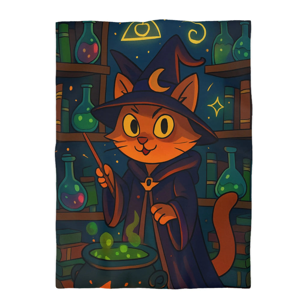 Housse de couette féline magique avec chat sorcier et chaudron dans bibliothèque colorée