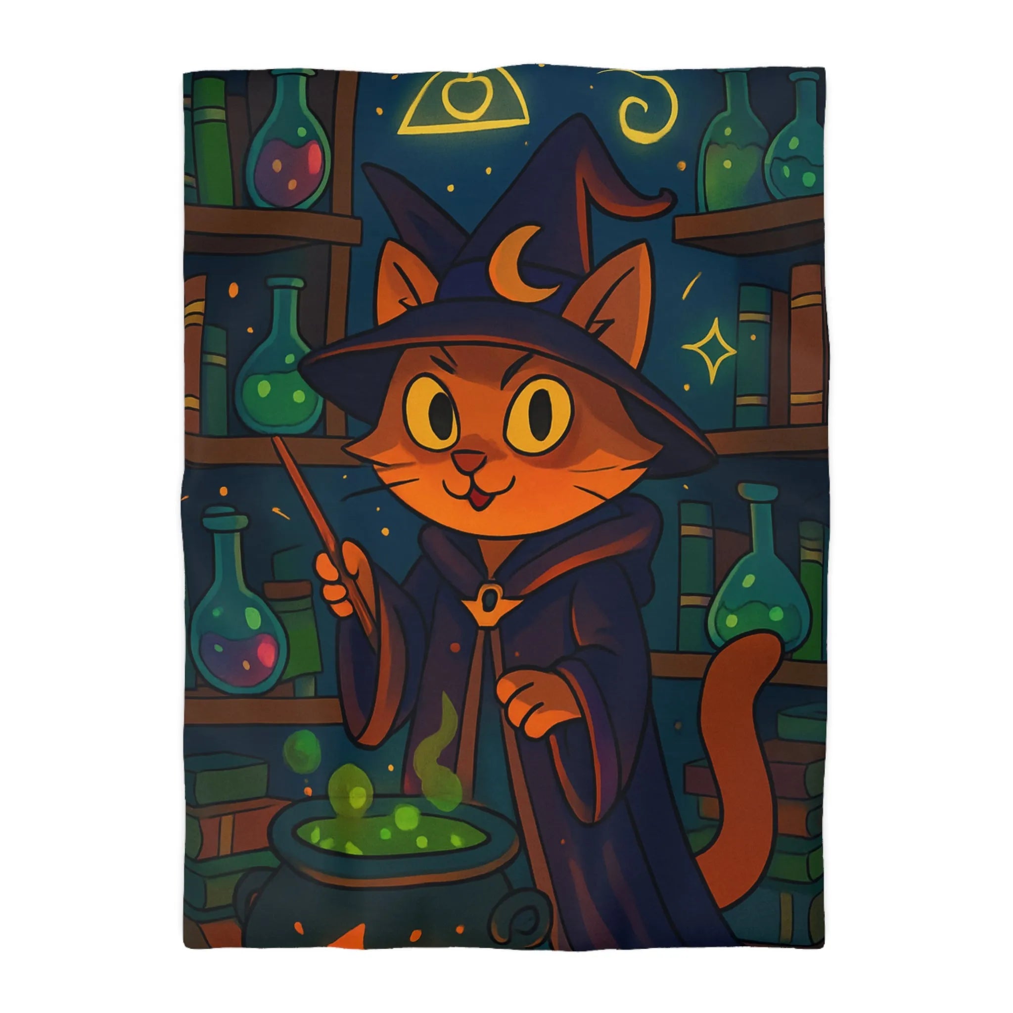 Housse de couette féline magique avec chat sorcier et chaudron dans bibliothèque colorée