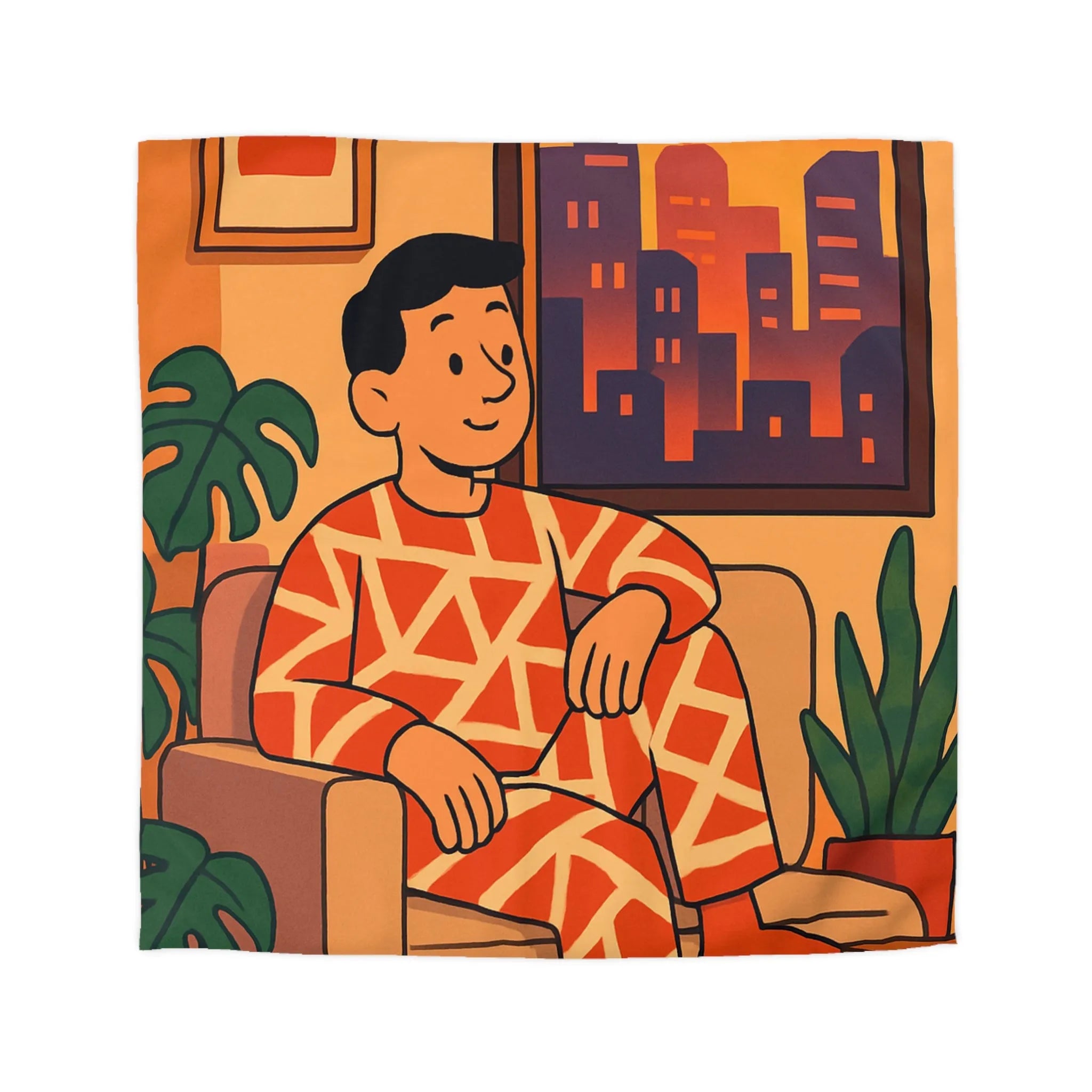 Housse de couette aux motifs géométriques avec scène de coucher de soleil en ville