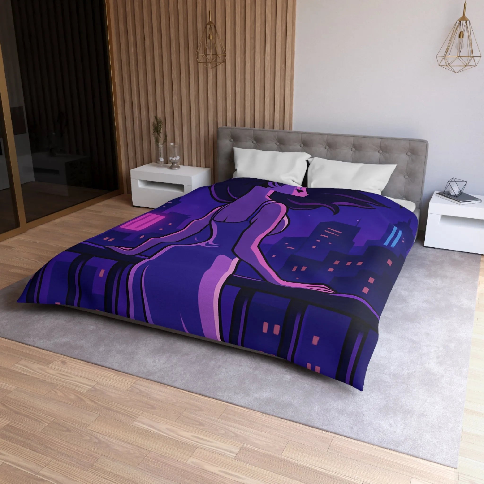Housse de couette avec femme contemplant ville nocturne éclairée, style rétro futuriste animé