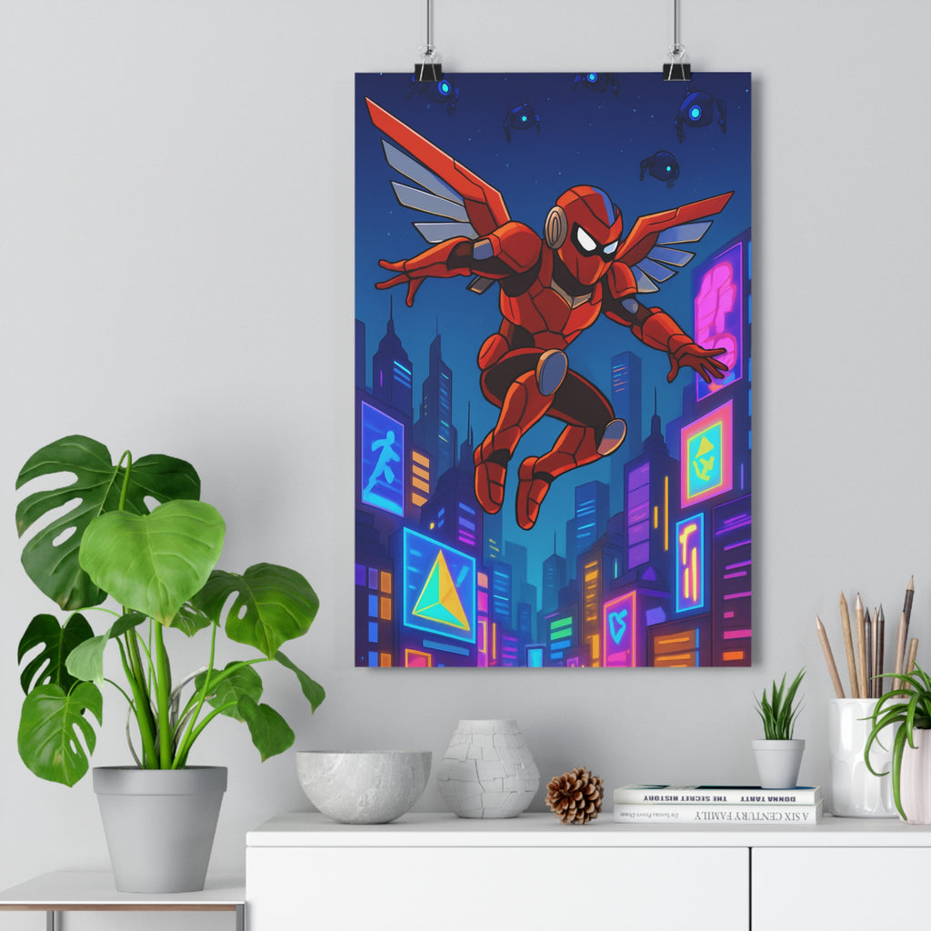Poster décoratif superhéros rouge noir animé cyberpunk futuriste néons bleu orange chambre aventure moderne