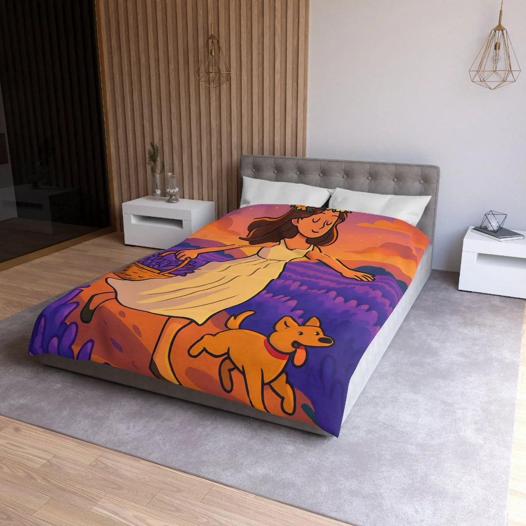 Housse de couette avec design fille et chien dans champ de lavande au coucher du soleil