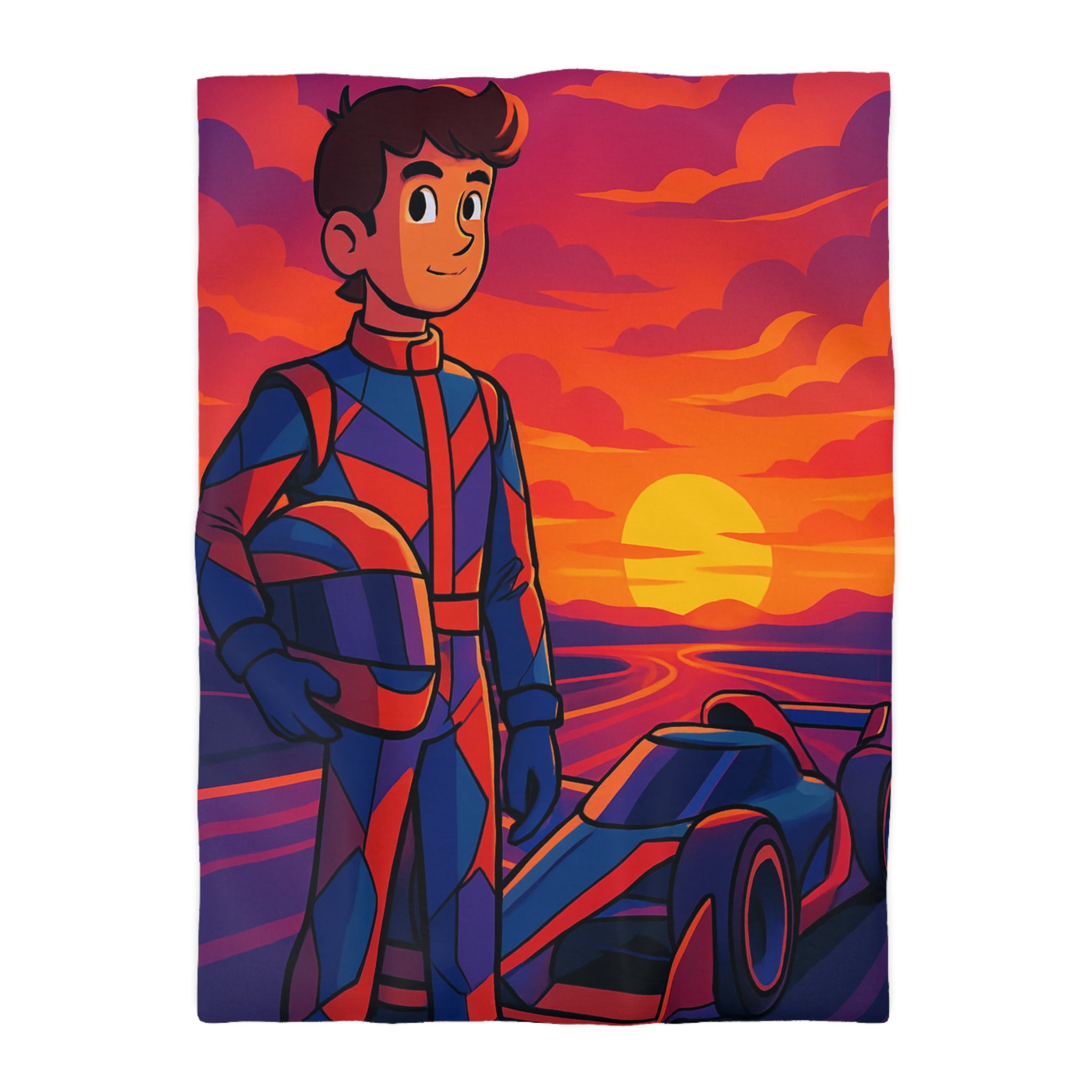 Housse de couette motif pilote de course et voiture au coucher du soleil vibrant