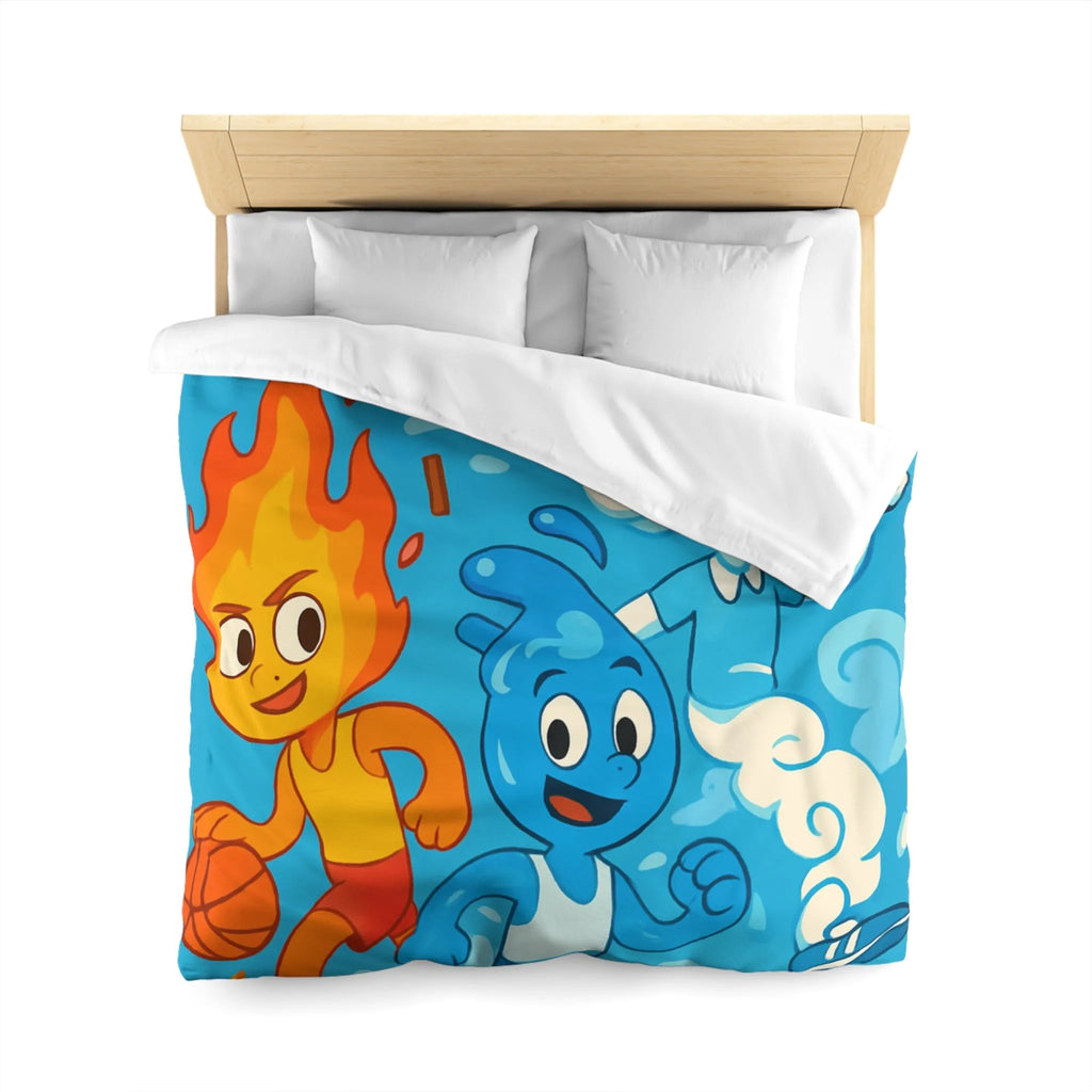 Housse de couette colorée avec motifs d’éléments sportifs et symbole de paix