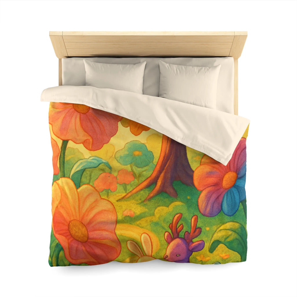 Housse de couette avec animaux mignons et fleurs colorées dans une forêt féerique