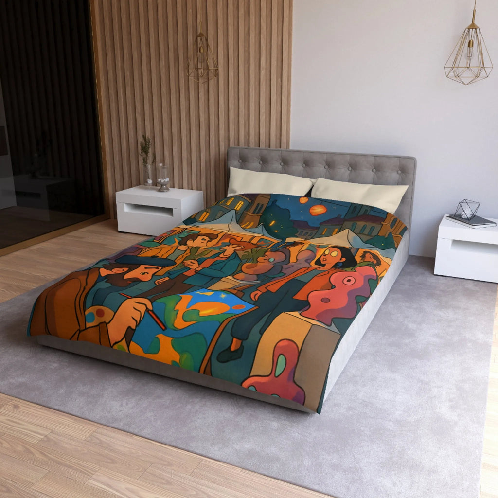 Housse de couette avec scène de marché nocturne animé et sculptures colorées