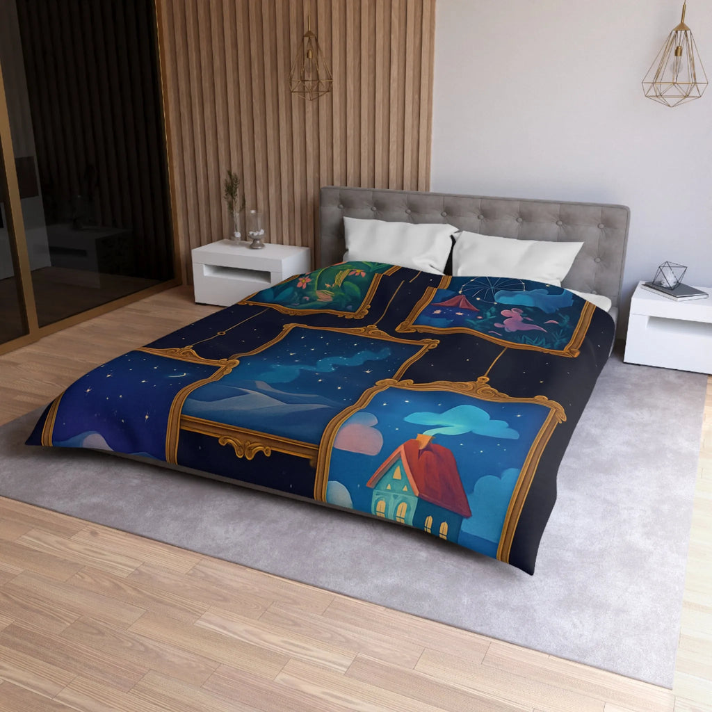 Housse de Couette Artistique avec Paysages de Nuit Étoilée et Fleuri Onirique