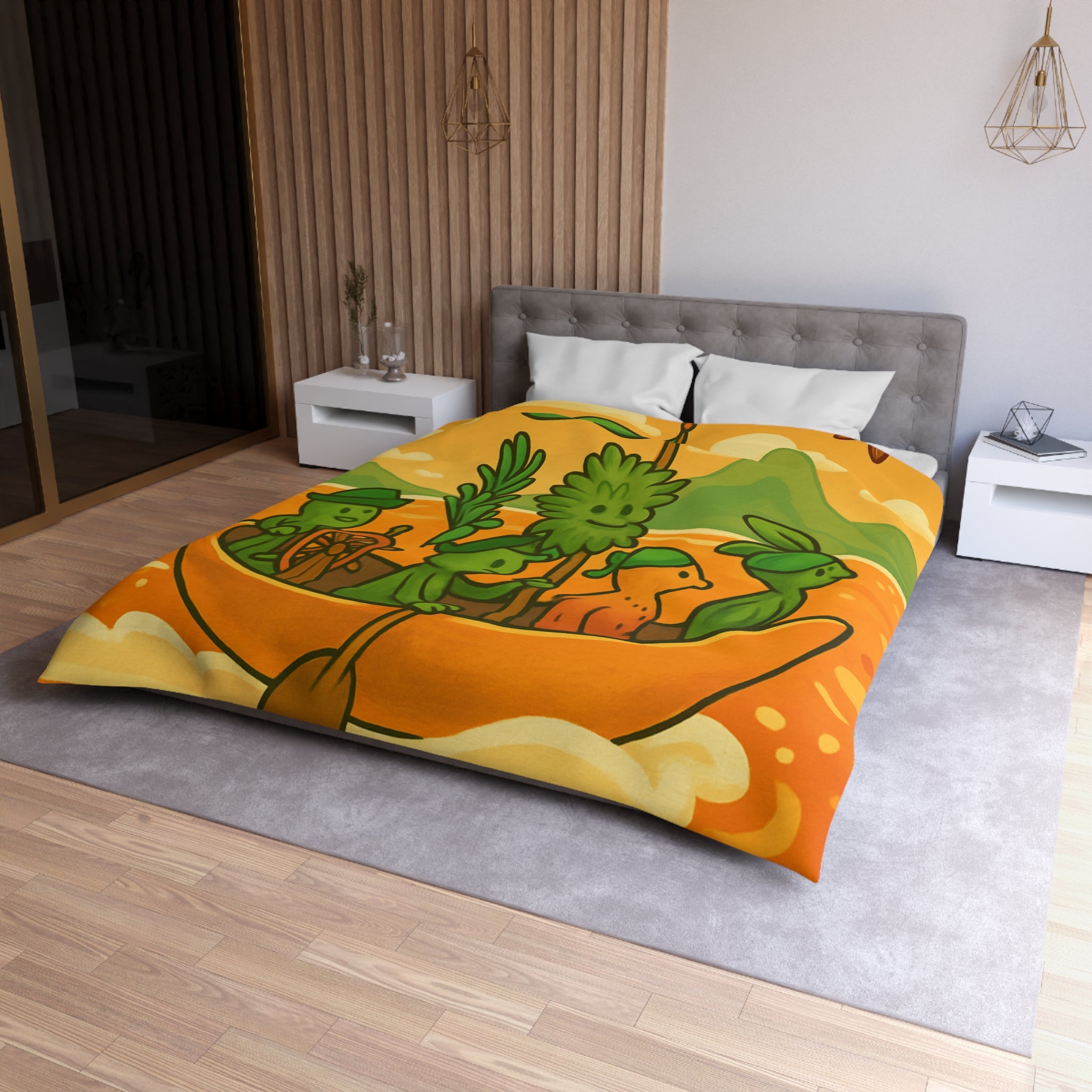 Housse de couette originale avec personnages verts naviguant sur mer orangée ludique