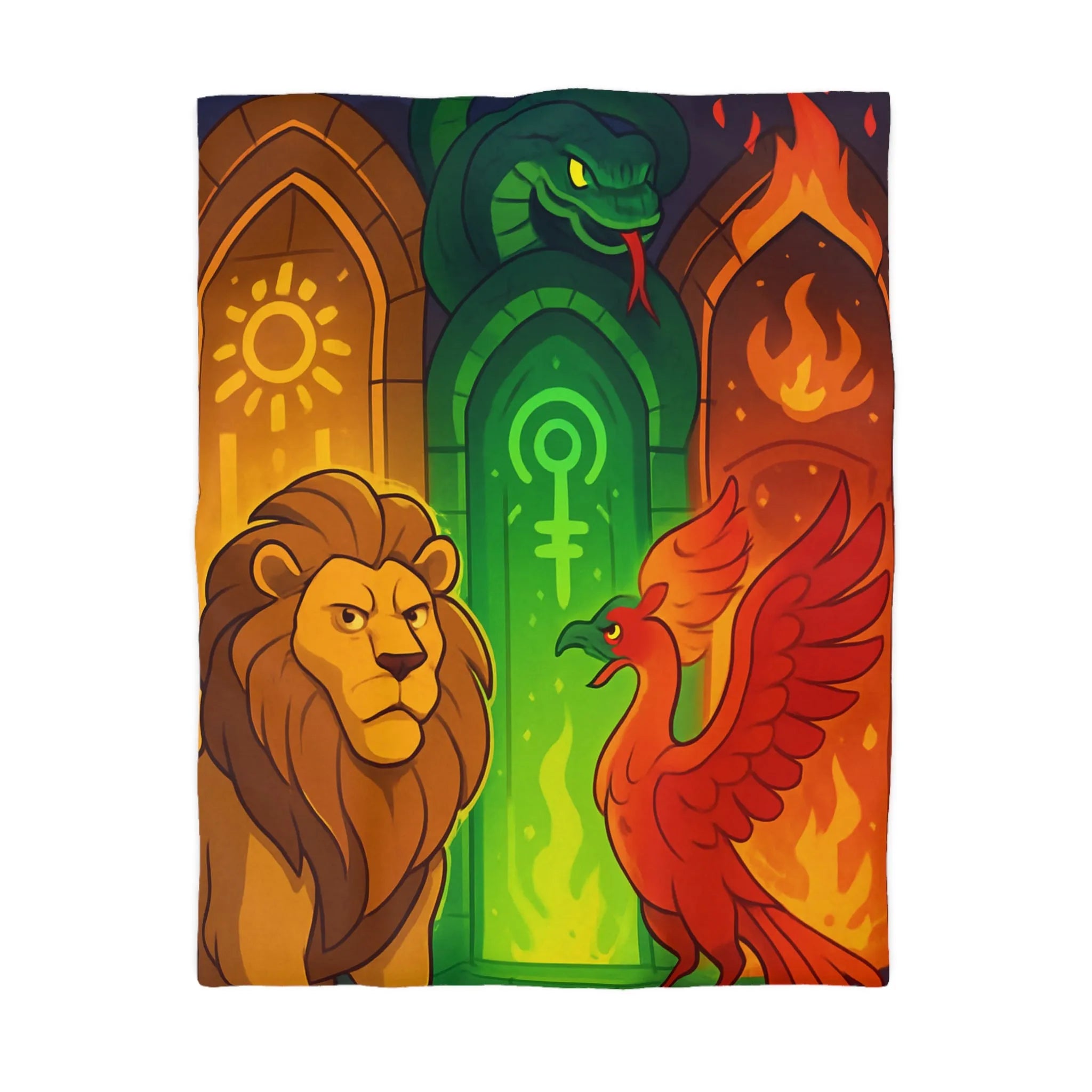 Housse de couette avec motifs lion, serpent et phénix sur fond médiéval magique