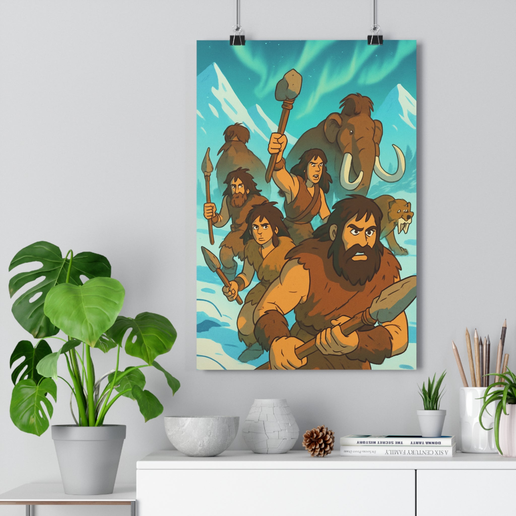 Poster décoratif cartoon préhistorique aventure épique enfant chambre salon montagne neige guerriers mammouth tigre