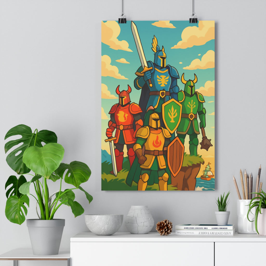 Poster décoratif épique chevaliers colorés animé aventure salon chambre mur art paysage vibrant qualité