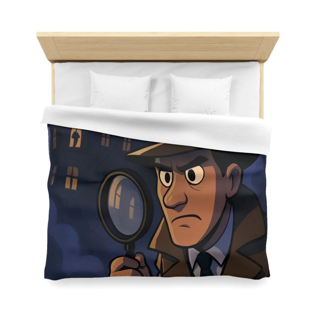 Housse de couette avec détective en enquête devant un manoir hanté mystérieux