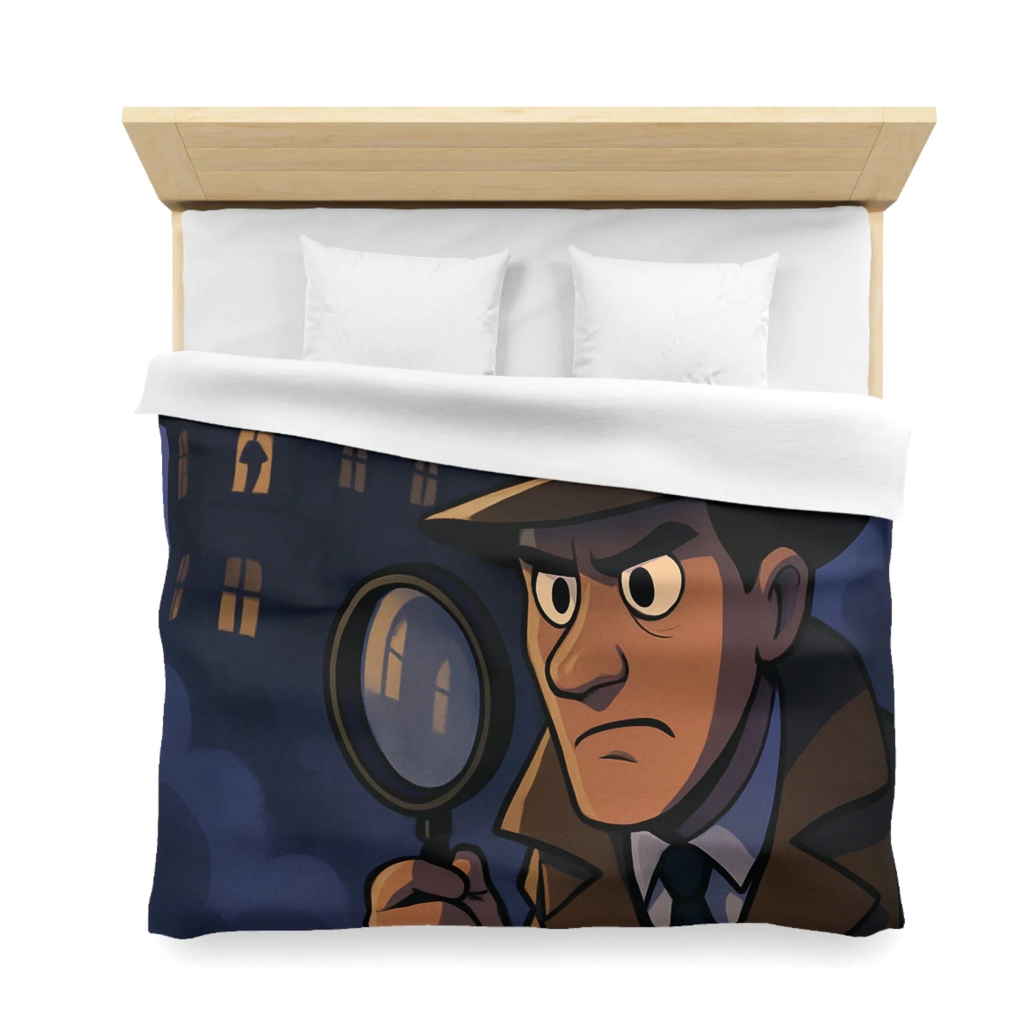 Housse de couette avec détective en enquête devant un manoir hanté mystérieux