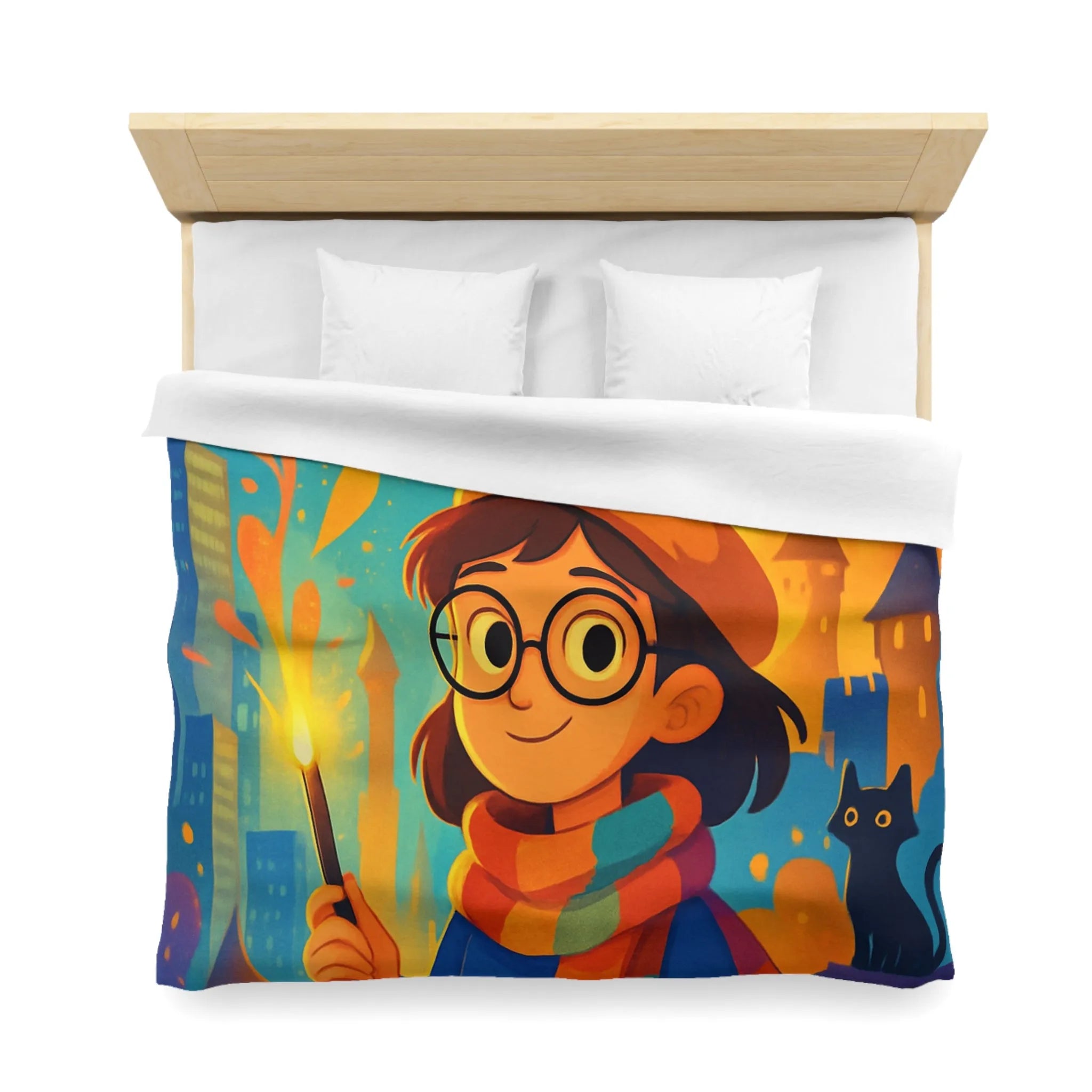 Housse de Couette Éclatante: Jeune Magicienne aux Couleurs Vives et Château Mystérieux