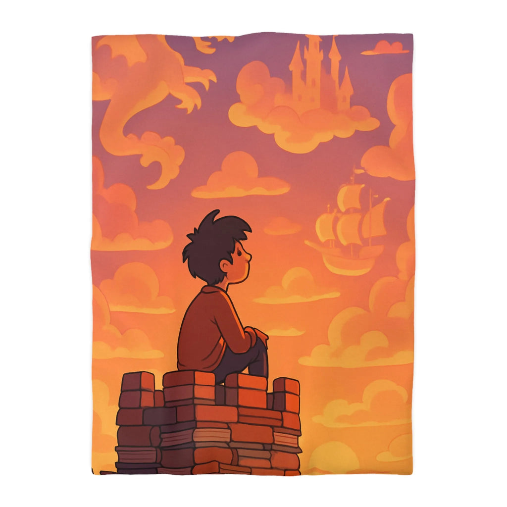 Housse de couette fantastique avec château, dragon et nuages pour enfants rêveurs