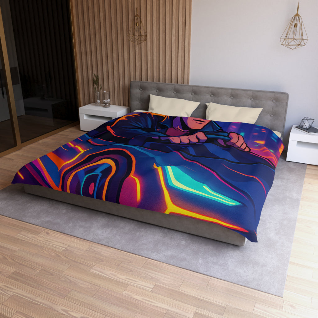 Housse de couette urbaine rétro futuriste avec néons et voiture sportive élégante