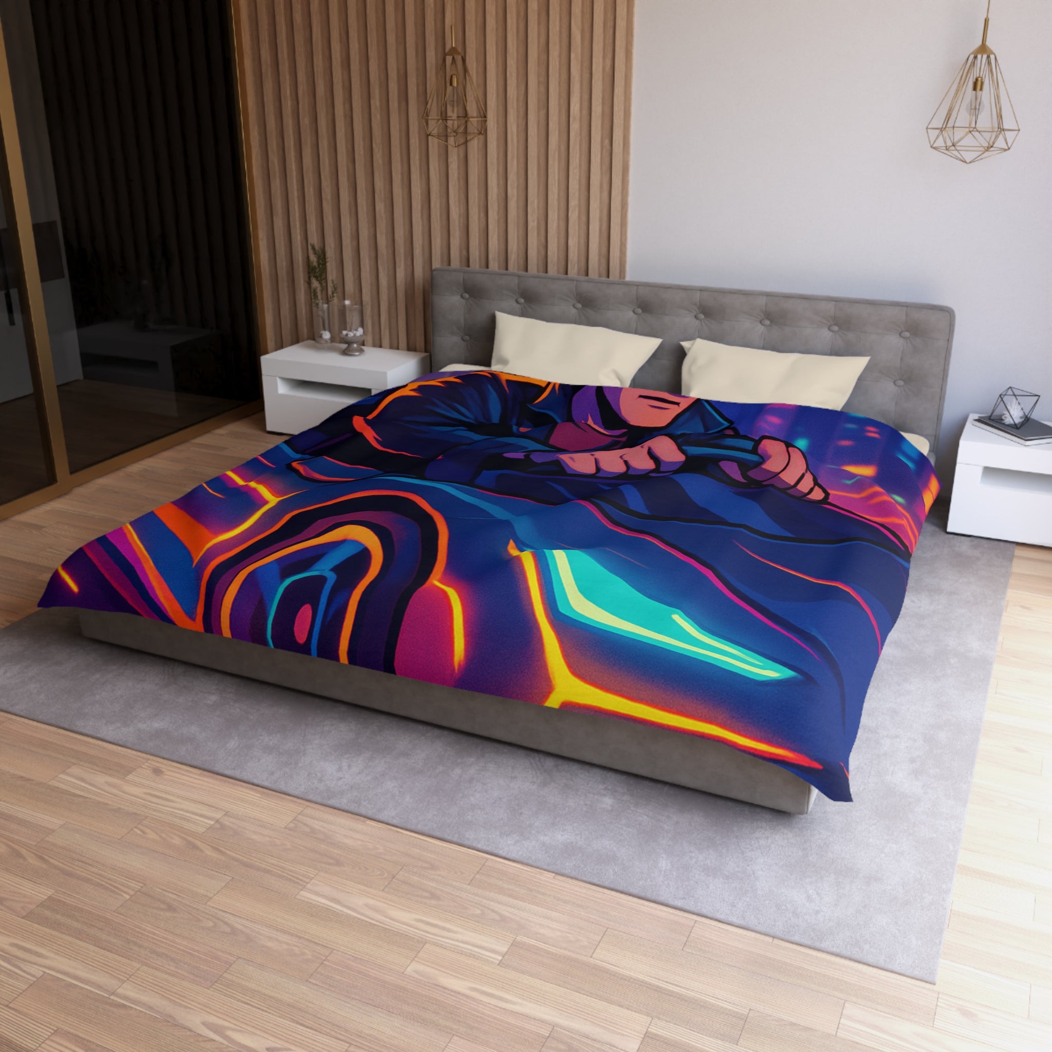 Housse de couette urbaine rétro futuriste avec néons et voiture sportive élégante