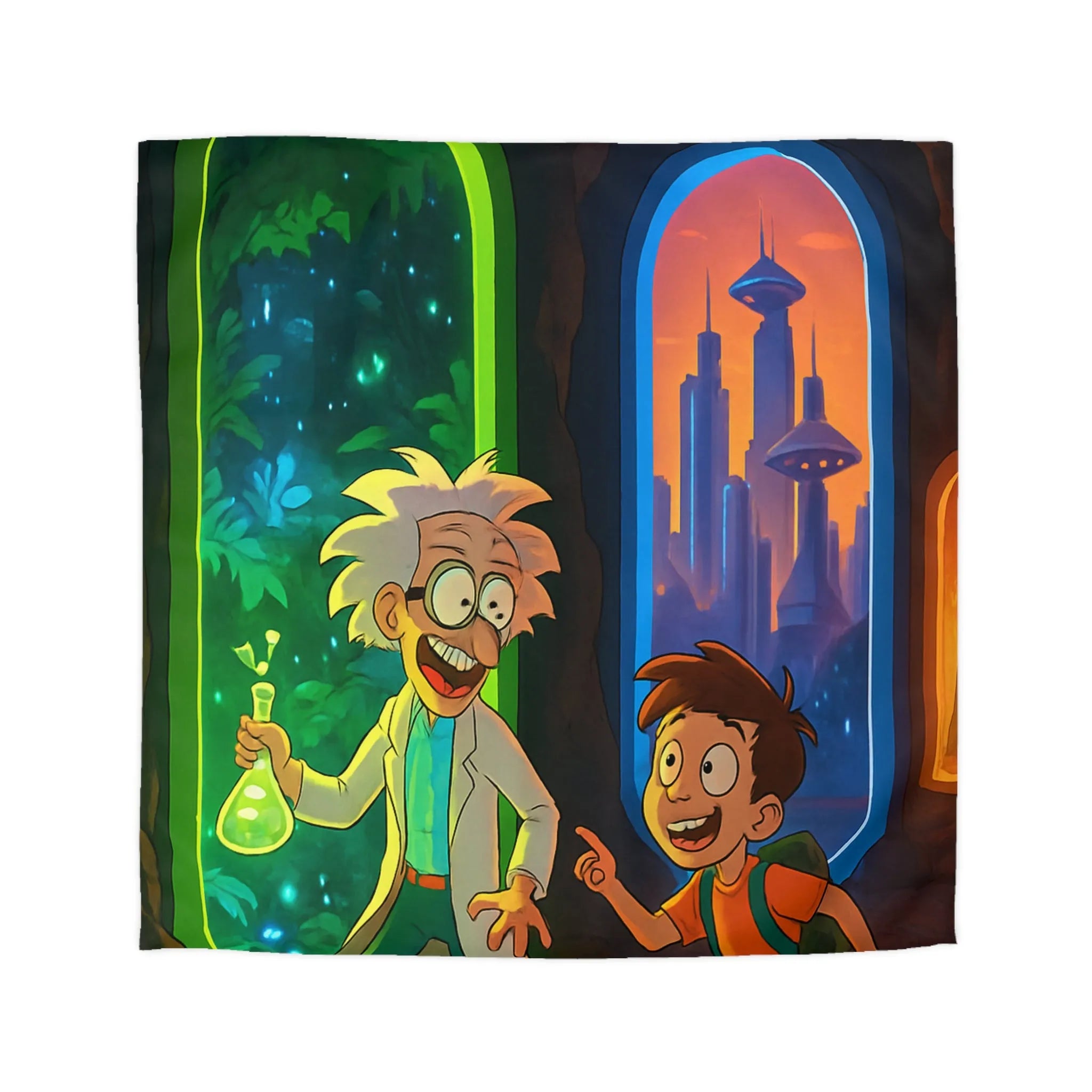 Housse de couette aventure scientifique avec portail vers forêt et ville futuriste colorée