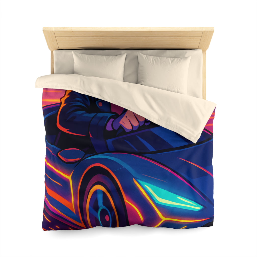 Housse de couette urbaine rétro futuriste avec néons et voiture sportive élégante