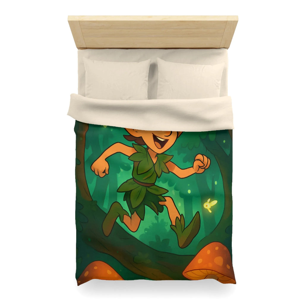 Housse de couette féérique avec elfes sautant parmi champignons lumineux en forêt