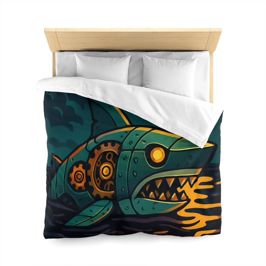 Housse de couette colorée avec requin mécanique sous lune dorée et oiseaux stylisés