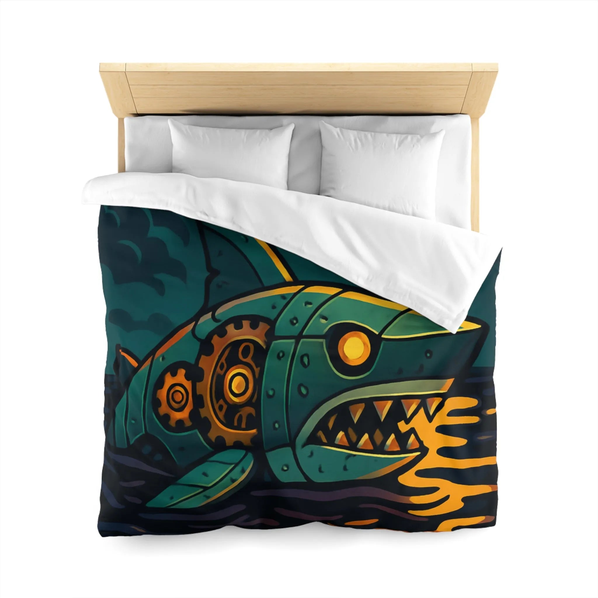 Housse de couette colorée avec requin mécanique sous lune dorée et oiseaux stylisés