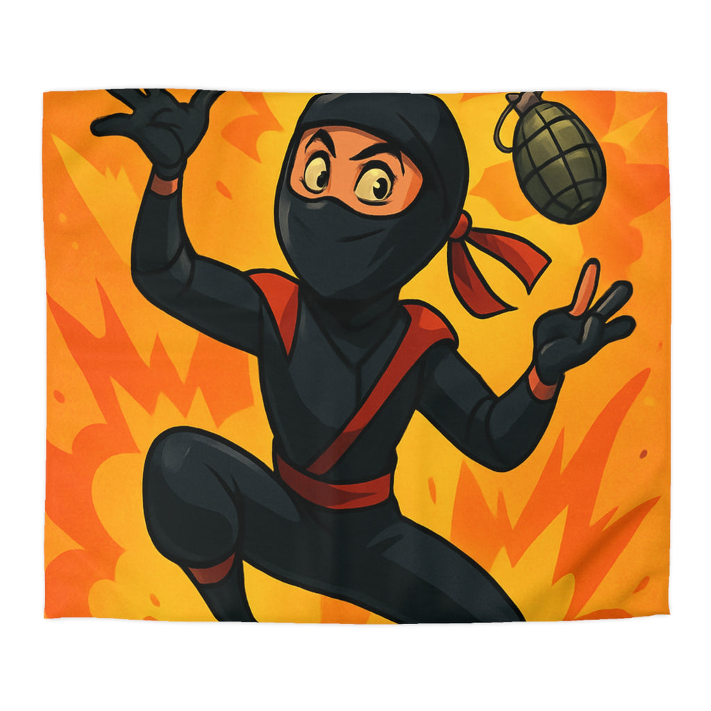 Housse de couette ninja dynamique avec explosion et grenades en fond orange vibrant