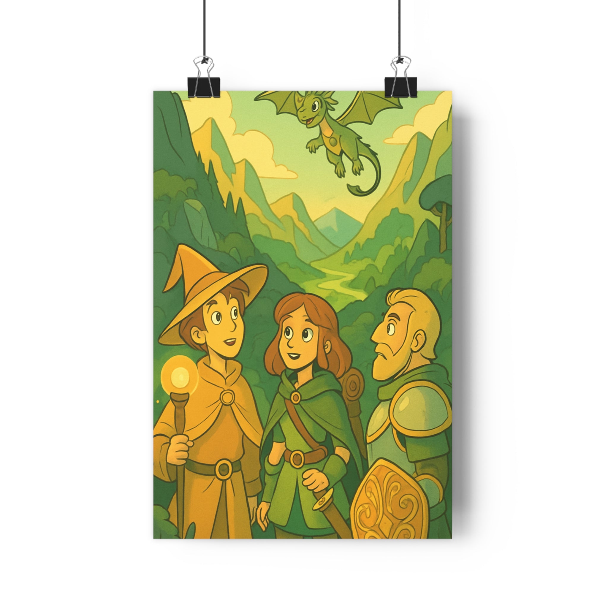 Poster décoratif anime aventure magique vert doré médiéval chambre enfant paysage dragon forêt montagne