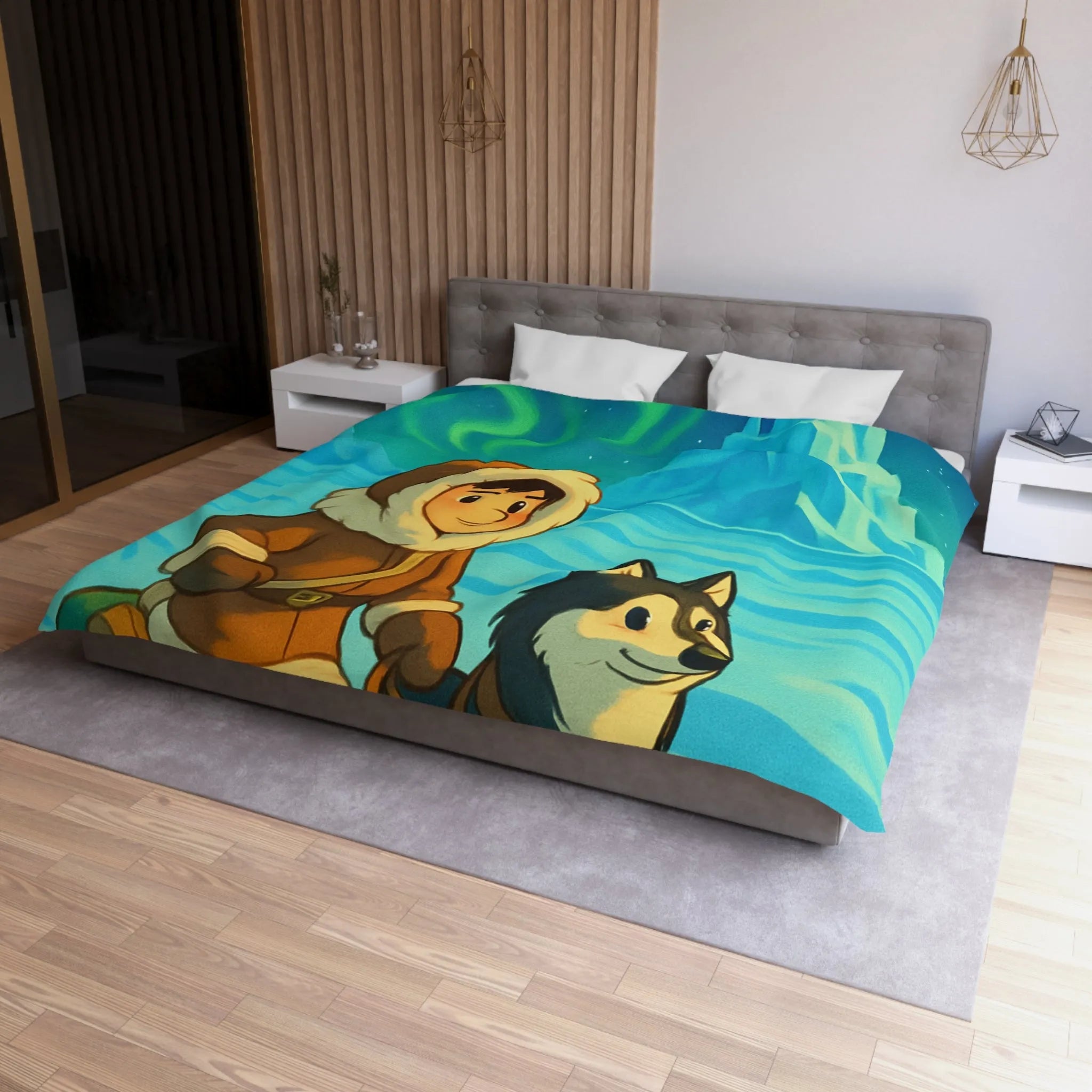 Housse de couette décorative avec aurores boréales et enfant accompagné de chien