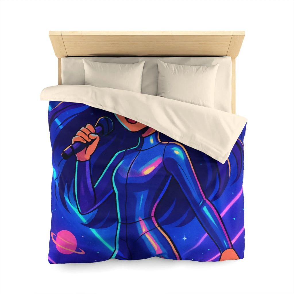 "Housse de couette galaxie: chanteuse en combinaison bleue avec planètes et étoiles brillantes"
