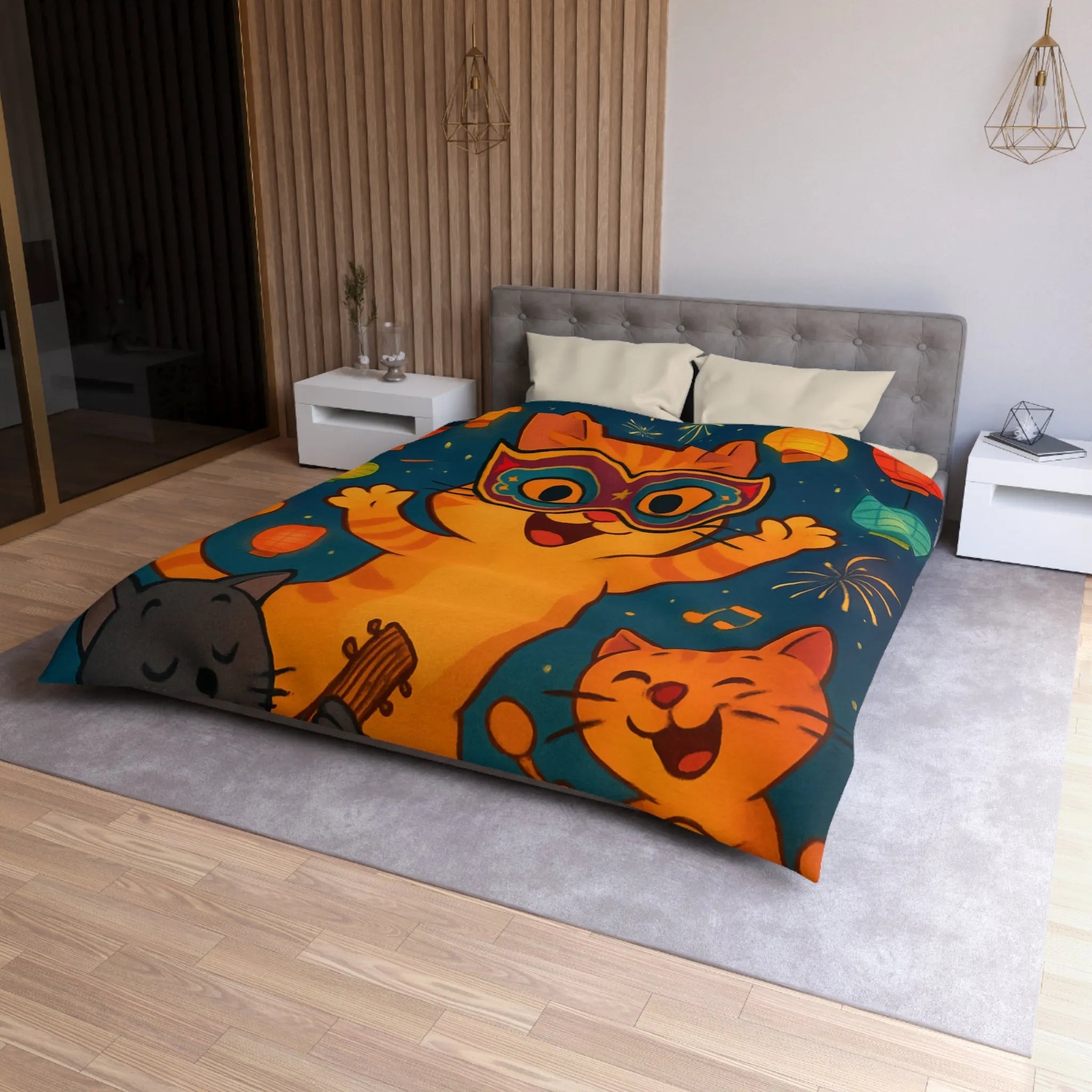 Housse de couette festive avec chats joyeux, feux d'artifice et lanternes colorées