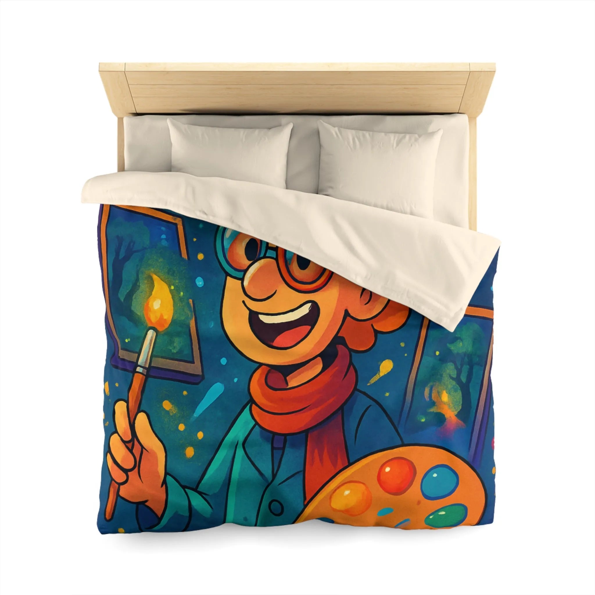 Housse de couette magique illustrée avec artiste en chapeau et palette lumineuse