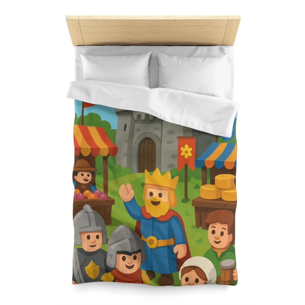 Housse de Couette Ludique Moyen Âge Château Roi et Marché Animé Coloré