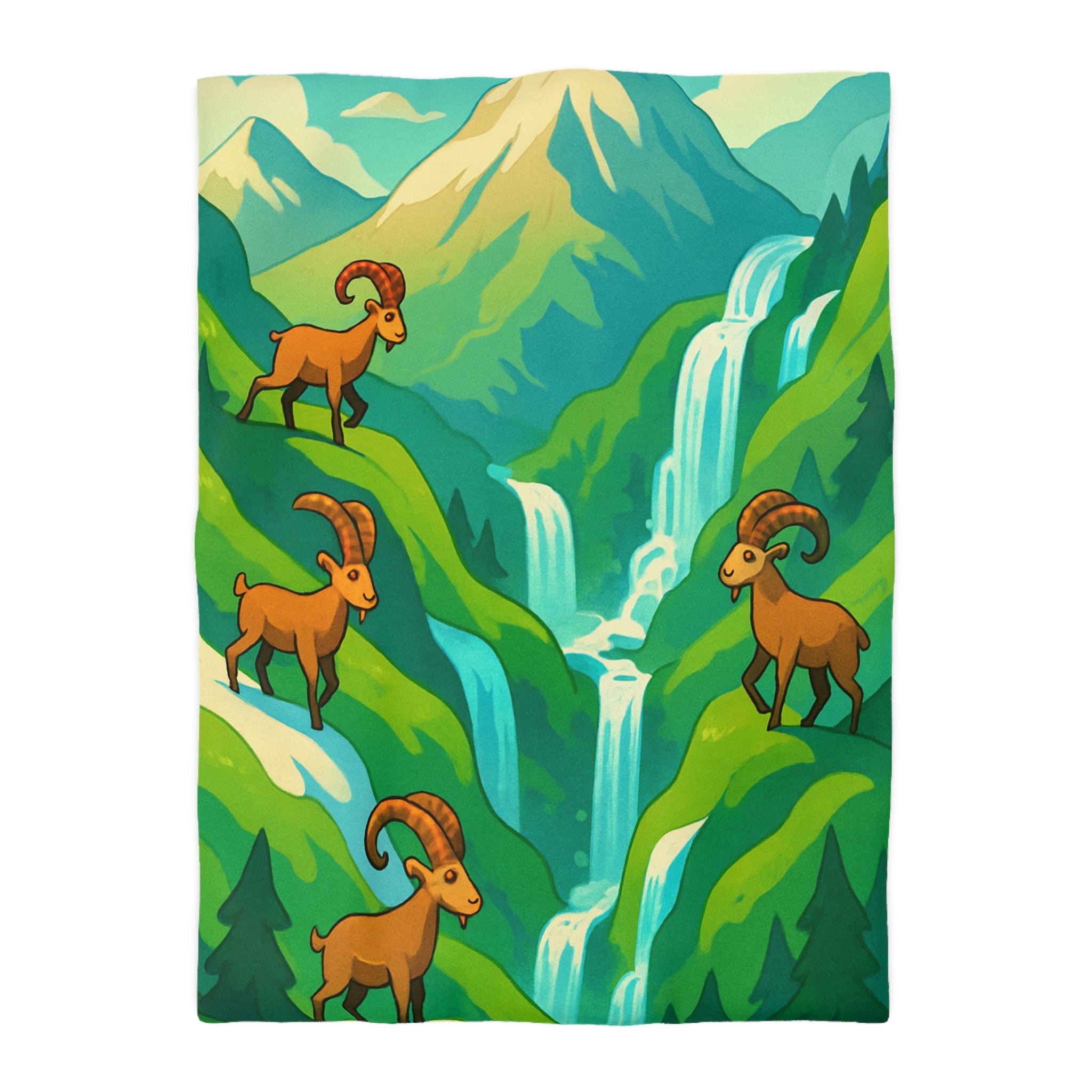 Housse de couette montagneuse avec bouquetins et cascades pour chambre paisible